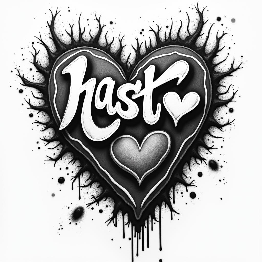 Denise, Zwillinge, 21.05.1991, in graffiti style tattoo, featuring bold and dynamic street art elements, spray-paint texture with exaggerated lines and expressive, chaotic brushstrokes, intricate lettering incorporated with graffiti tags, symbols like hearts, stars, and wings - Variation 3