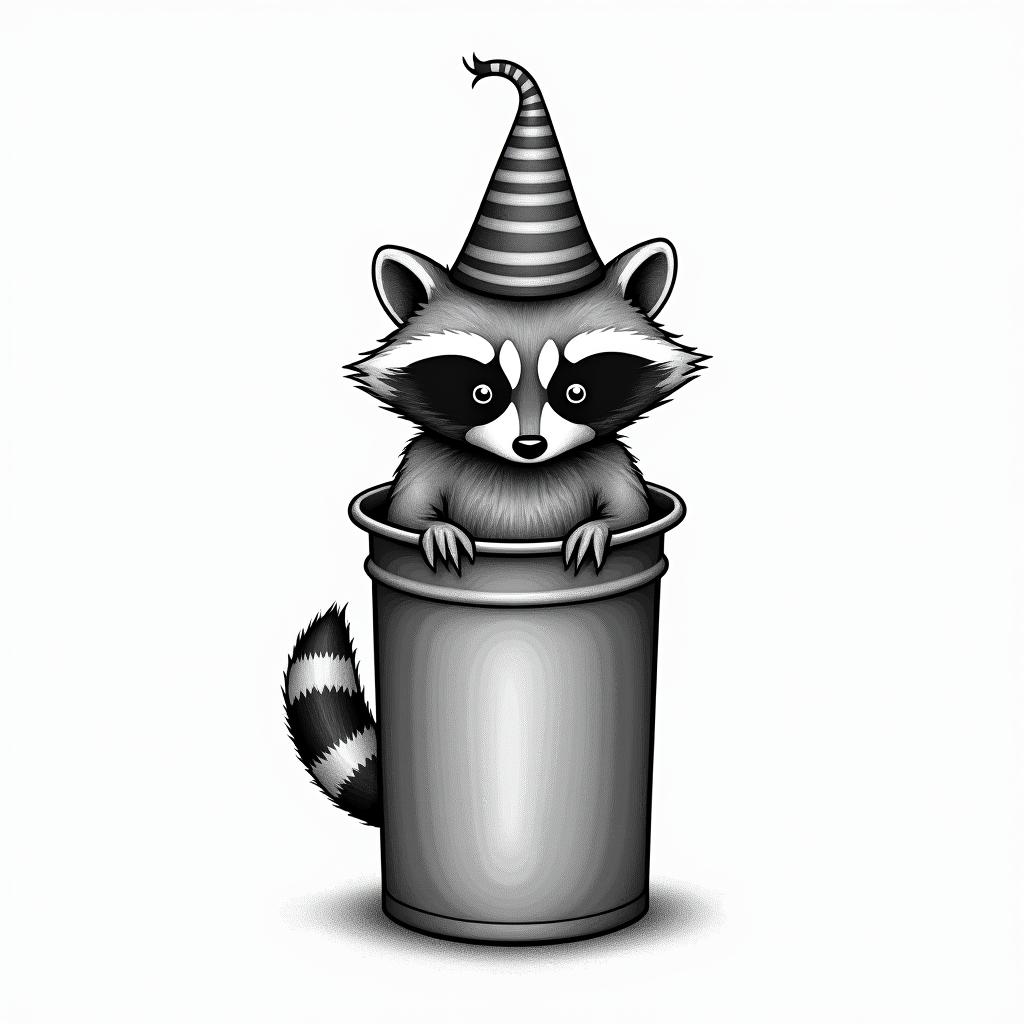 Raccoon with a hat in a trash canin minimalist style tattoo, featuring simple shapes and fine lines, with minimal shading and details, tiny triangles, creating a sense of balance and harmony - Variation 3