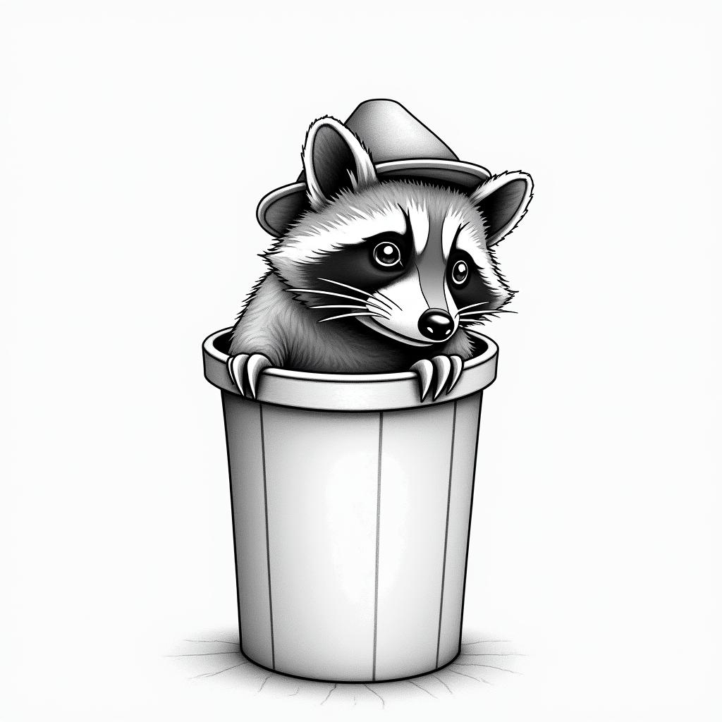 Raccoon with a hat in a trash canin minimalist style tattoo, featuring simple shapes and fine lines, with minimal shading and details, tiny triangles, creating a sense of balance and harmony - Variation 2