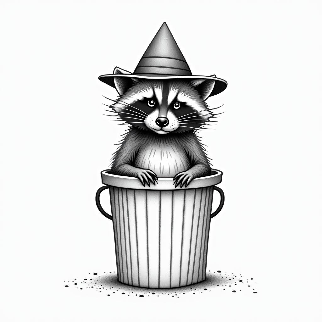 Raccoon with a hat in a trash canin minimalist style tattoo, featuring simple shapes and fine lines, with minimal shading and details, tiny triangles, creating a sense of balance and harmony - Variation 4