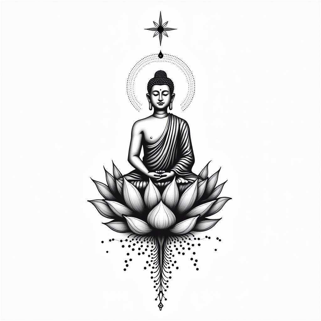 A fine line artwork tattoo featuring a Buddha sitting above a lotus flower, symbolizing spirituality. Above the Buddha, a simple line of small chakra symbols representing enlightenment and balance, all rendered in monochromatic colors with intricate dot work surrounding the design.higly detailed tattoo - Variation 2
