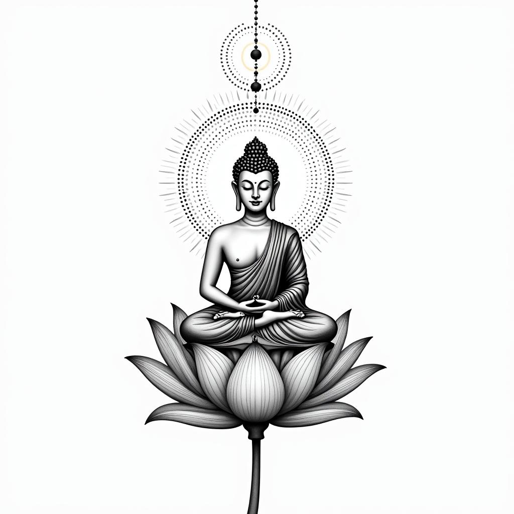 A fine line artwork tattoo featuring a Buddha sitting above a lotus flower, symbolizing spirituality. Above the Buddha, a simple line of small chakra symbols representing enlightenment and balance, all rendered in monochromatic colors with intricate dot work surrounding the design.higly detailed tattoo - Variation 3
