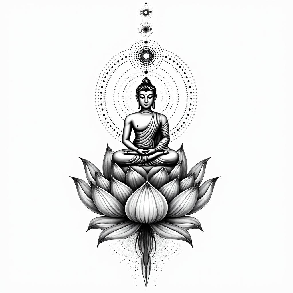 A fine line artwork tattoo featuring a Buddha sitting above a lotus flower, symbolizing spirituality. Above the Buddha, a simple line of small chakra symbols representing enlightenment and balance, all rendered in monochromatic colors with intricate dot work surrounding the design.higly detailed tattoo - Variation 4