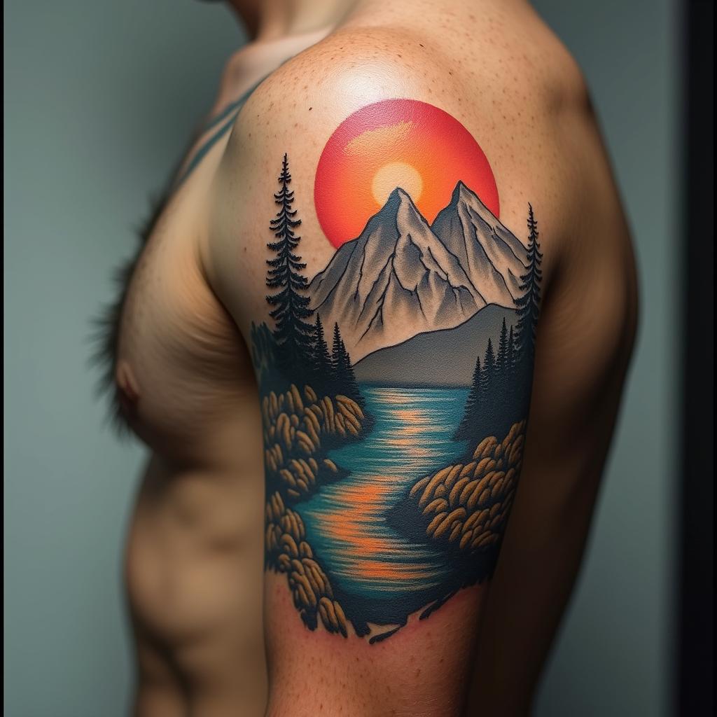 Mountain range with a rising sunhigly detailed tattoo - Variation 16
