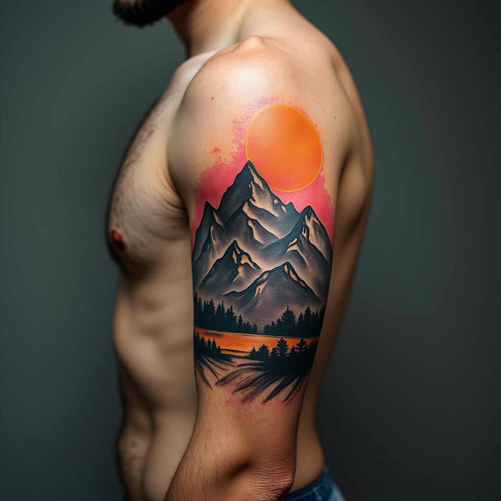 Mountain range with a rising sunhigly detailed tattoo - Variation 14