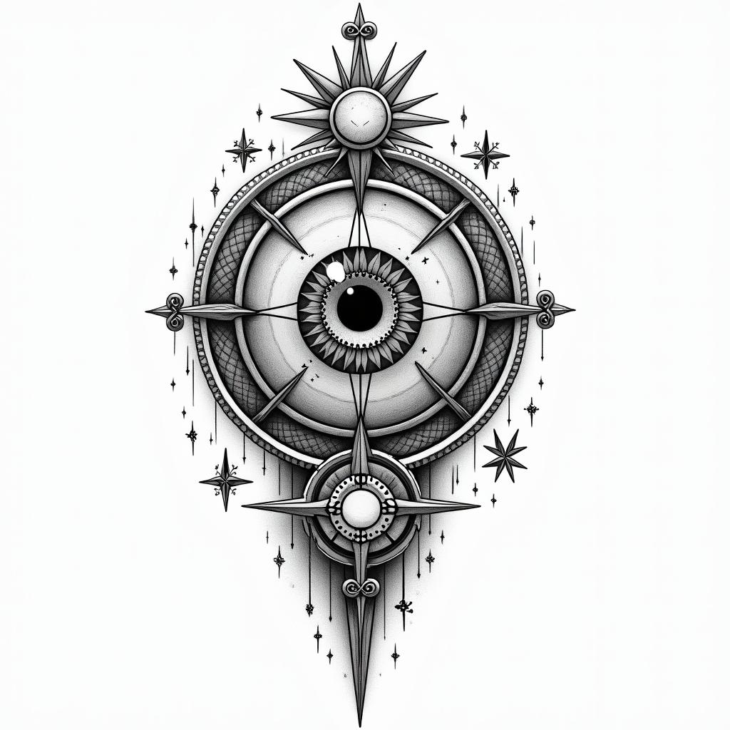 Biblein prophecy tattoo style, featuring mystical symbols, celestial imagery like stars, moons, suns, geometric patterns, foretelling elements, an eye of wisdom - Variation 3