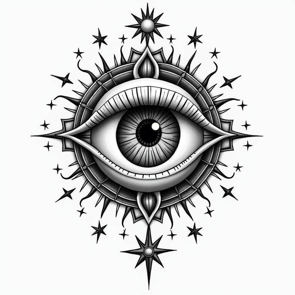 Biblein prophecy tattoo style, featuring mystical symbols, celestial imagery like stars, moons, suns, geometric patterns, foretelling elements, an eye of wisdom - Variation 4