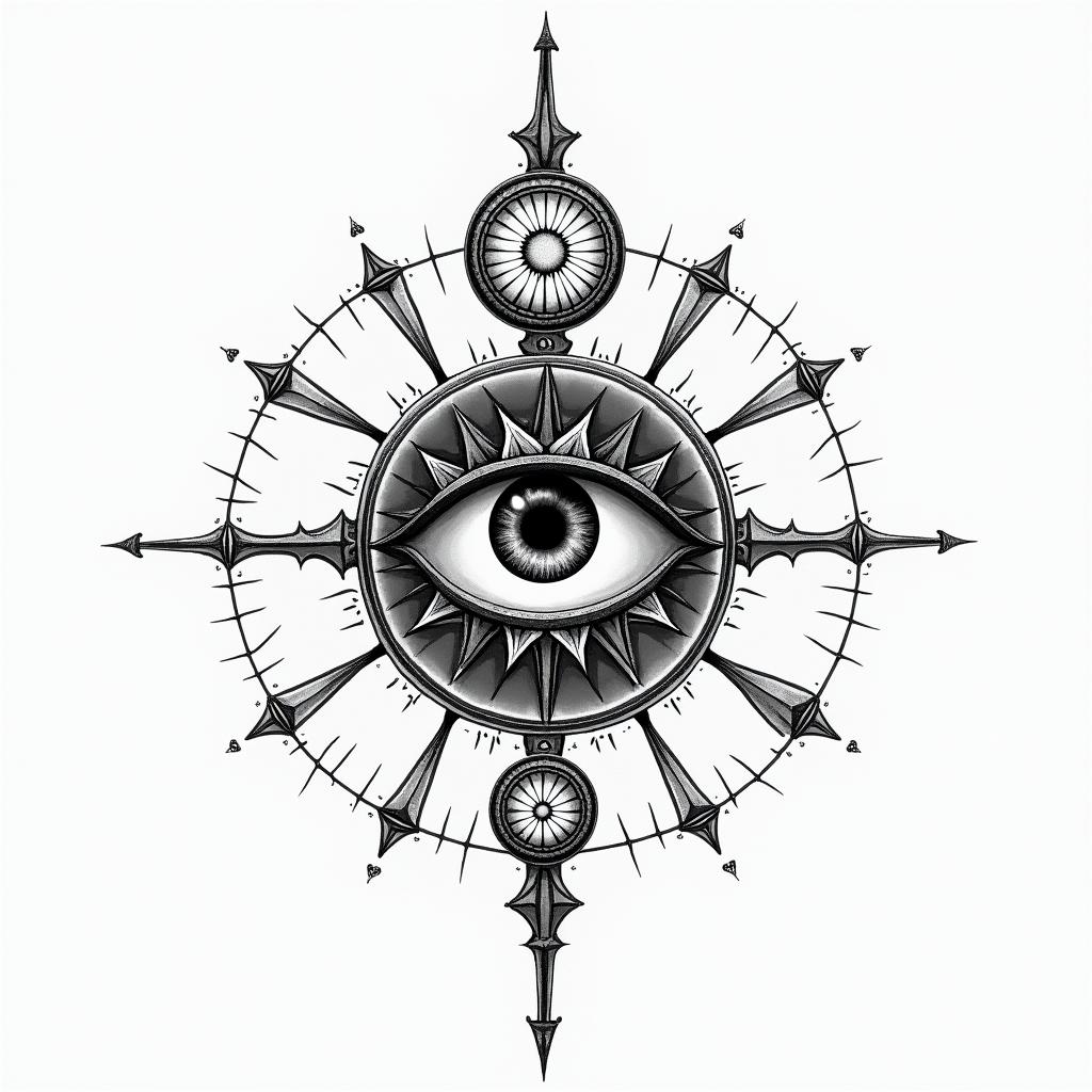 Biblein prophecy tattoo style, featuring mystical symbols, celestial imagery like stars, moons, suns, geometric patterns, foretelling elements, an eye of wisdom - Variation 2