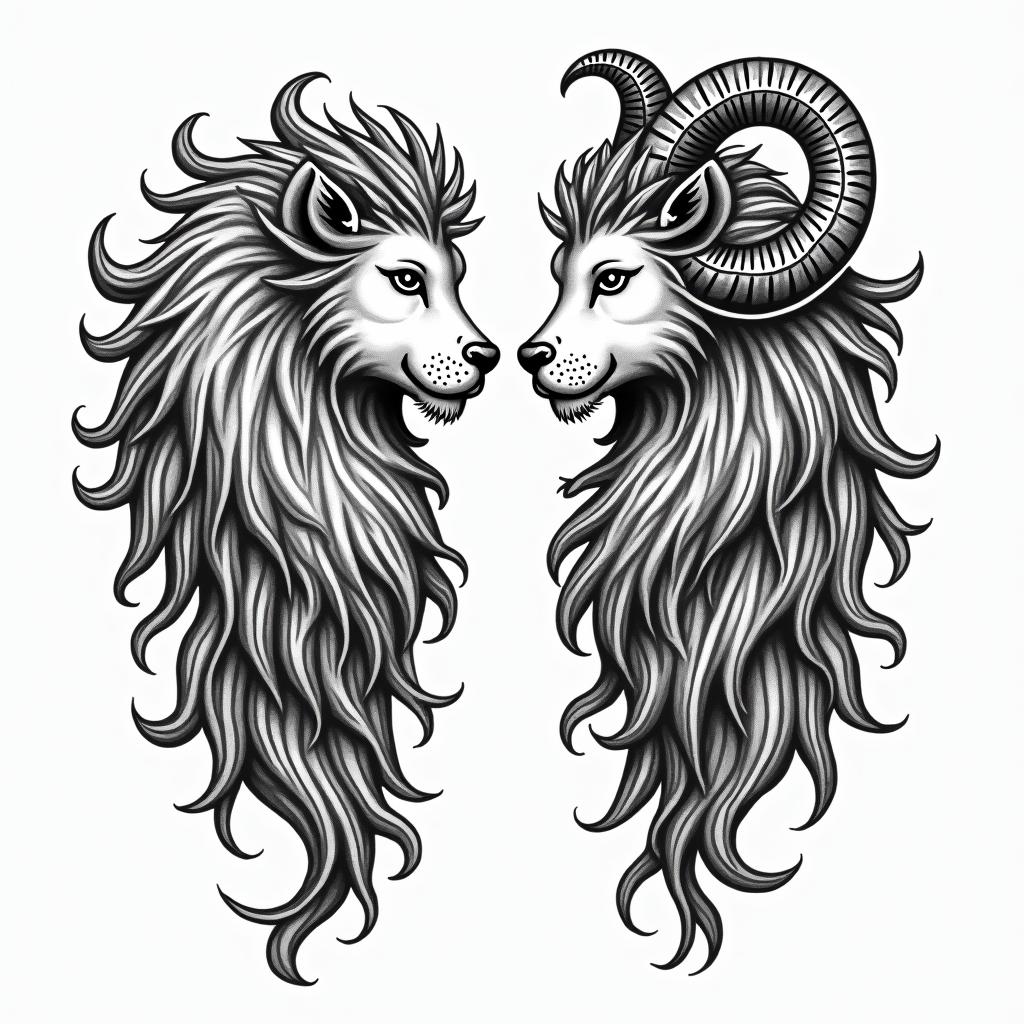 Leo and Capricorn tattoo for daughtersin authentic tattoo style, incorporating traditional modifications, bold black outlines, solid color fills, featuring classic authentic elements - Variation 3