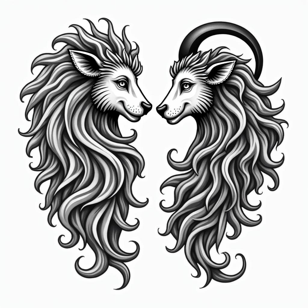 Leo and Capricorn tattoo for daughtersin authentic tattoo style, incorporating traditional modifications, bold black outlines, solid color fills, featuring classic authentic elements - Variation 2