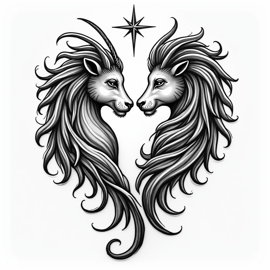 Leo and Capricorn tattoo for daughtersin authentic tattoo style, incorporating traditional modifications, bold black outlines, solid color fills, featuring classic authentic elements