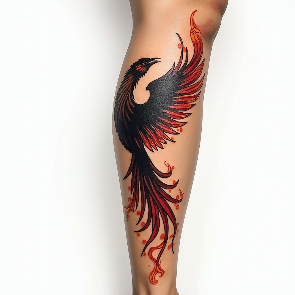 Phenix leg tattooin flame tattoo style showcasing fiery elements with dynamic flame patterns, glowing effect of flames, natural colors - Variation 3