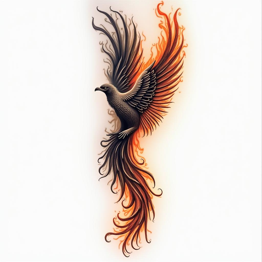 Phenix leg tattooin flame tattoo style showcasing fiery elements with dynamic flame patterns, glowing effect of flames, natural colors - Variation 2