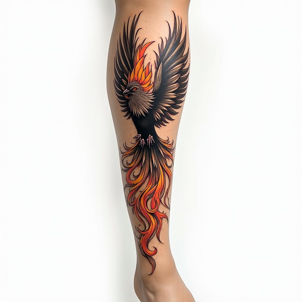 Phenix leg tattooin flame tattoo style showcasing fiery elements with dynamic flame patterns, glowing effect of flames, natural colors