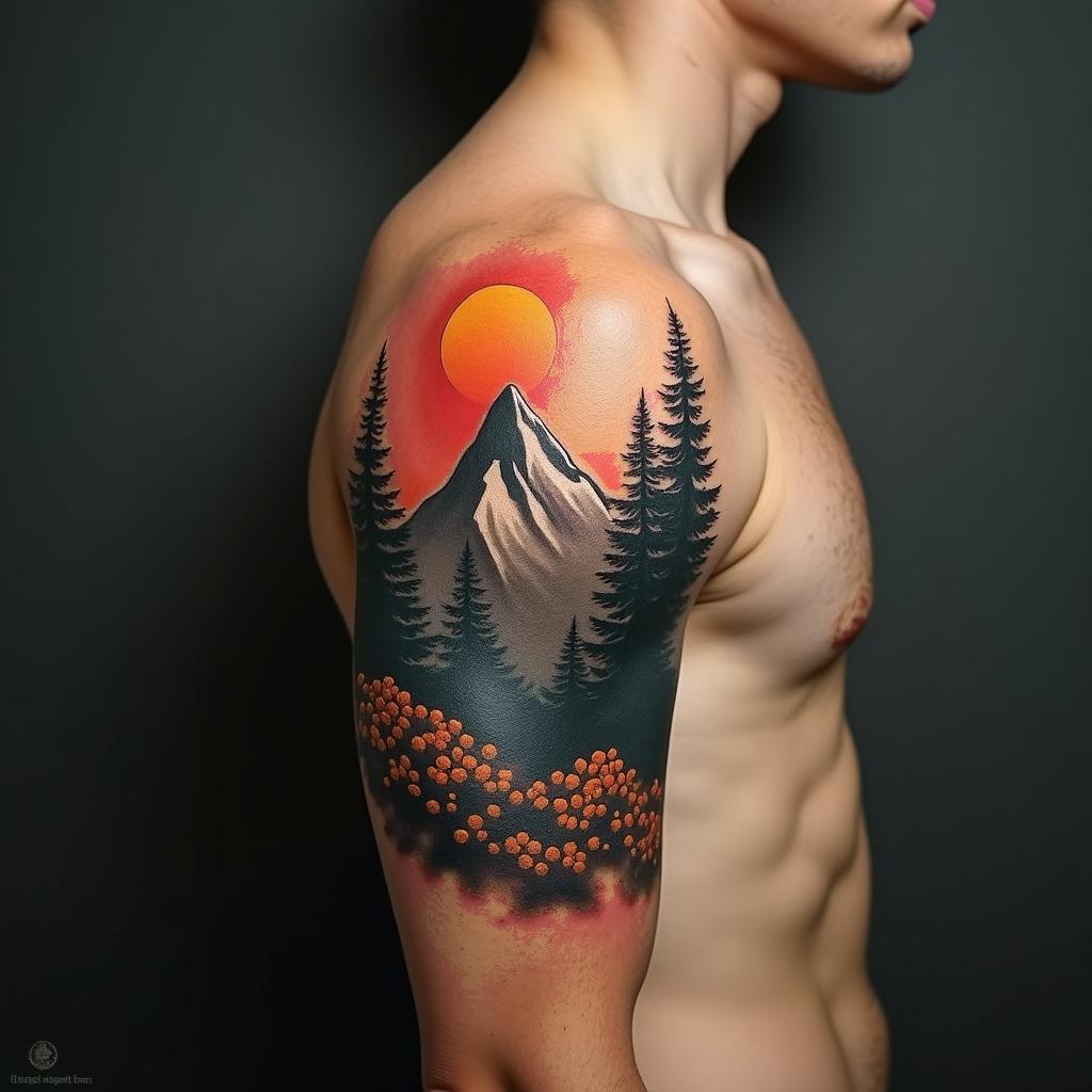 Mountain range with a rising sunin portrait tattoo style, featuring a highly realistic and detailed depiction - Variation 2