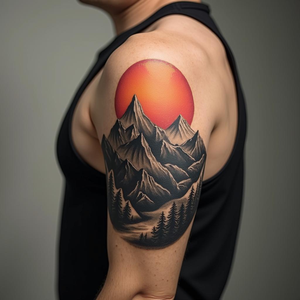Mountain range with a rising sunin portrait tattoo style, featuring a highly realistic and detailed depiction - Variation 1
