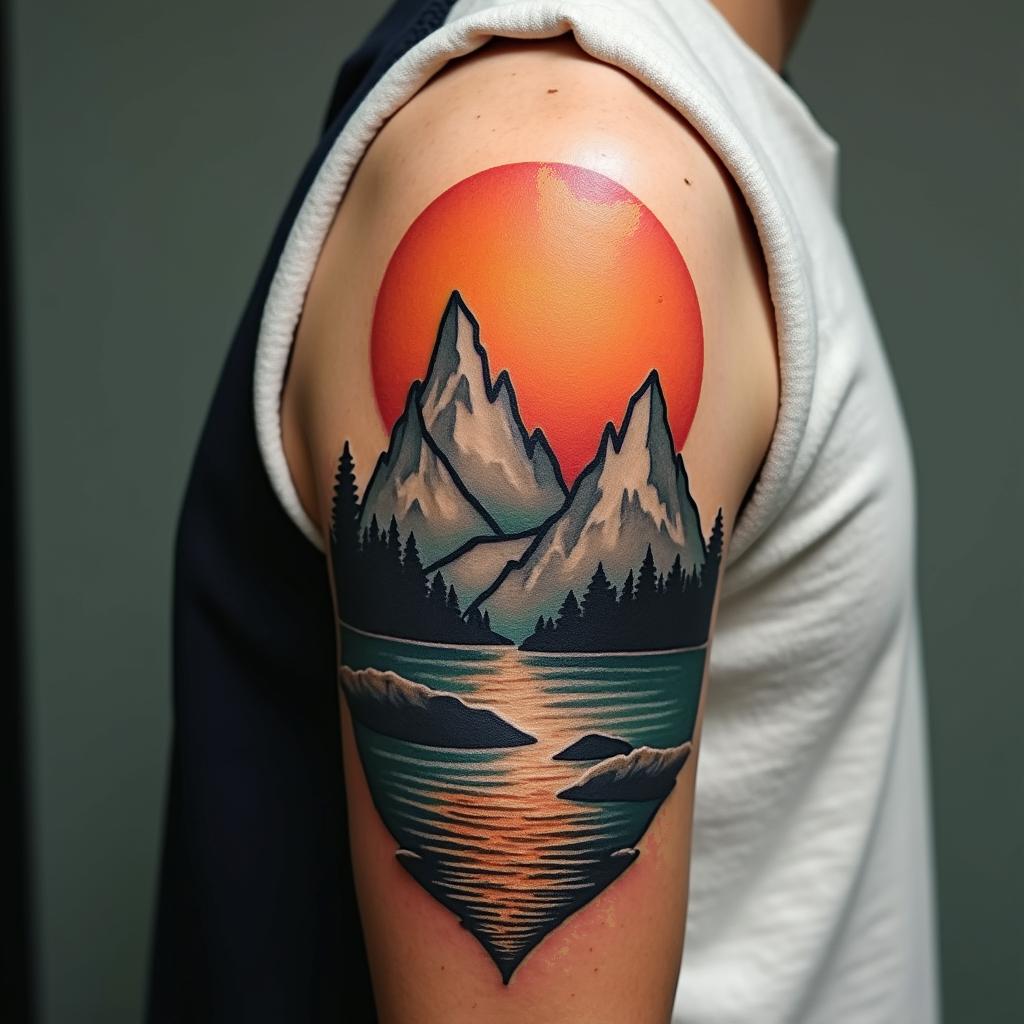 Mountain range with a rising sunin portrait tattoo style, featuring a highly realistic and detailed depiction - Variation 4