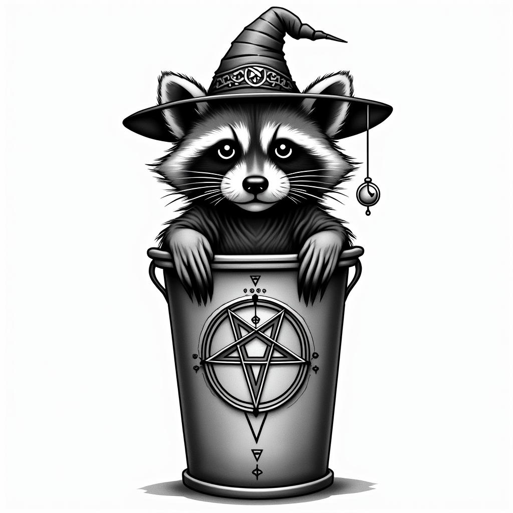 Raccoon with a hat in a garbage canin paganic style tattoo, featuring ancient symbols, add vegvisir symbol, mystical figures, incorporating designs, pentagrams, runes, crescent moons,