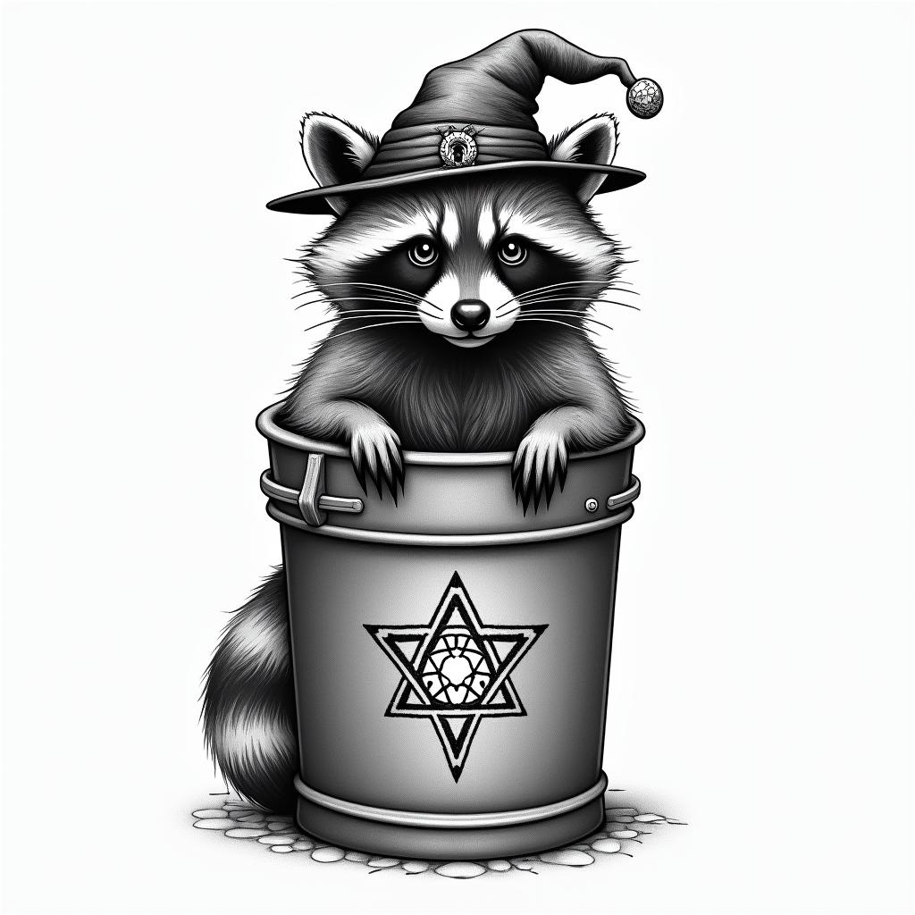Raccoon with a hat in a garbage canin paganic style tattoo, featuring ancient symbols, add vegvisir symbol, mystical figures, incorporating designs, pentagrams, runes, crescent moons, - Variation 3