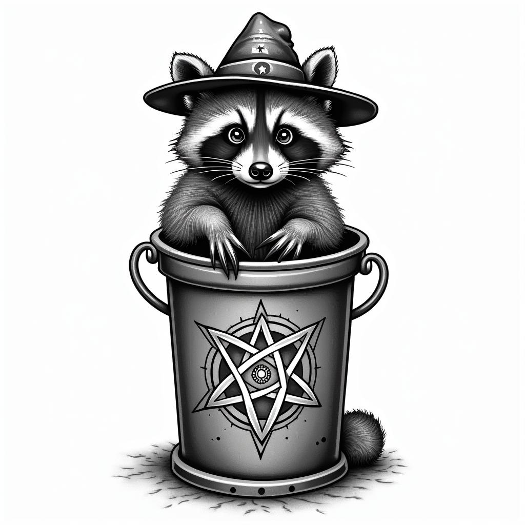Raccoon with a hat in a garbage canin paganic style tattoo, featuring ancient symbols, add vegvisir symbol, mystical figures, incorporating designs, pentagrams, runes, crescent moons, - Variation 4
