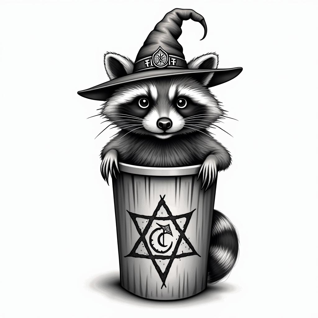 Raccoon with a hat in a garbage canin paganic style tattoo, featuring ancient symbols, add vegvisir symbol, mystical figures, incorporating designs, pentagrams, runes, crescent moons, - Variation 2
