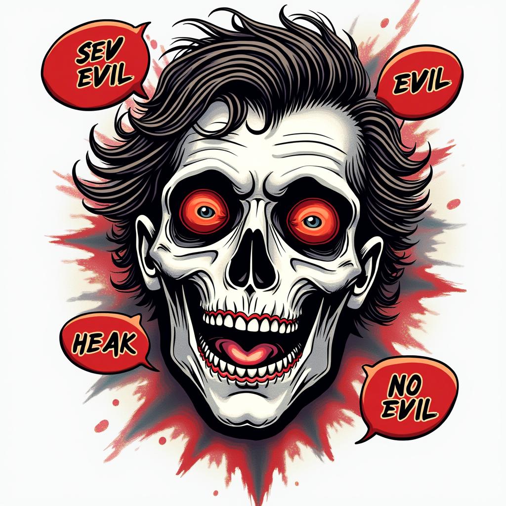 See no evil hear no evil speak no evilin pop art style tattoo, featuring bold and vibrant colors, exaggerated outlines, iconic imagery, inspired by comic books and speech bubbles, comic book characters, retro pop culture - Variation 3