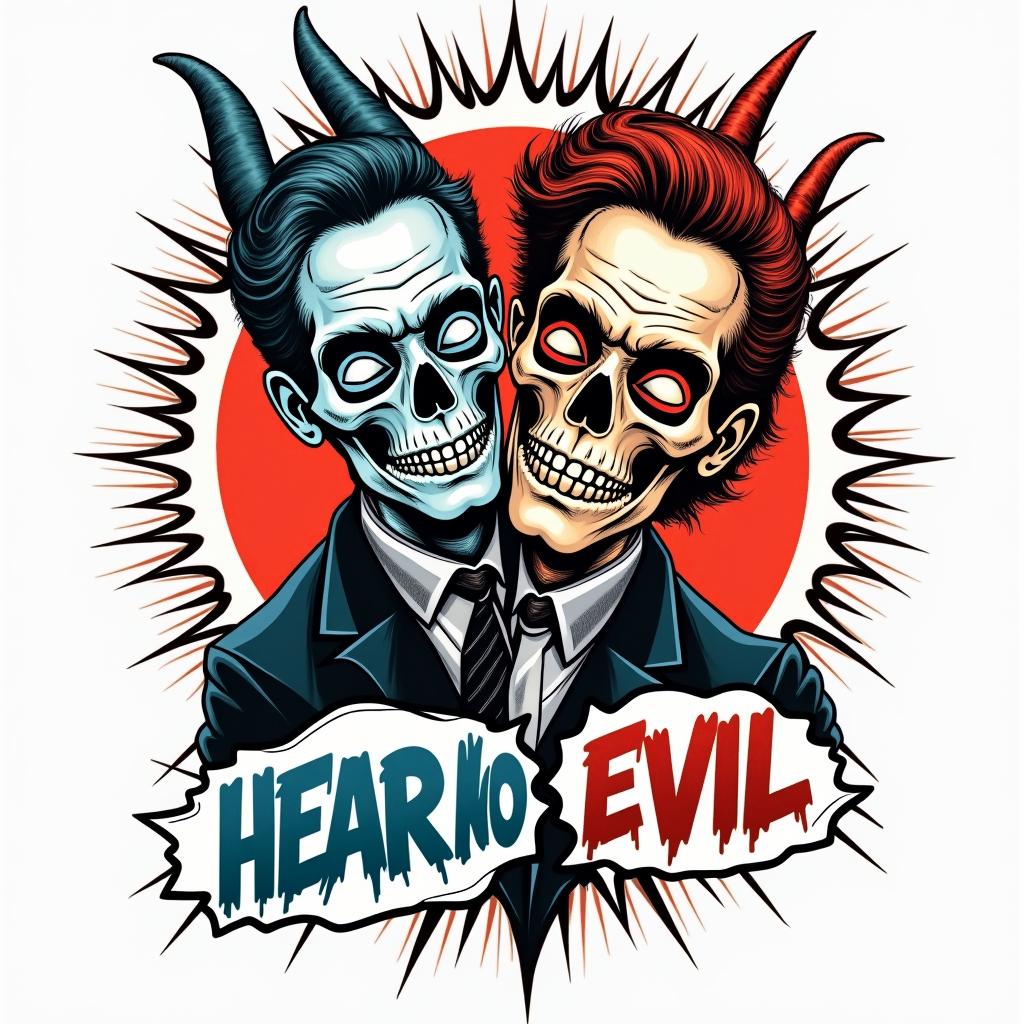 See no evil hear no evil speak no evilin pop art style tattoo, featuring bold and vibrant colors, exaggerated outlines, iconic imagery, inspired by comic books and speech bubbles, comic book characters, retro pop culture - Variation 2