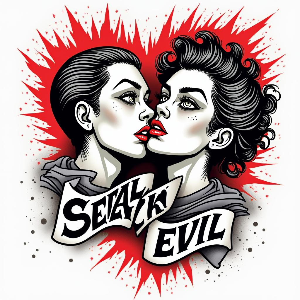 See no evil hear no evil speak no evilin pop art style tattoo, featuring bold and vibrant colors, exaggerated outlines, iconic imagery, inspired by comic books and speech bubbles, comic book characters, retro pop culture - Variation 4