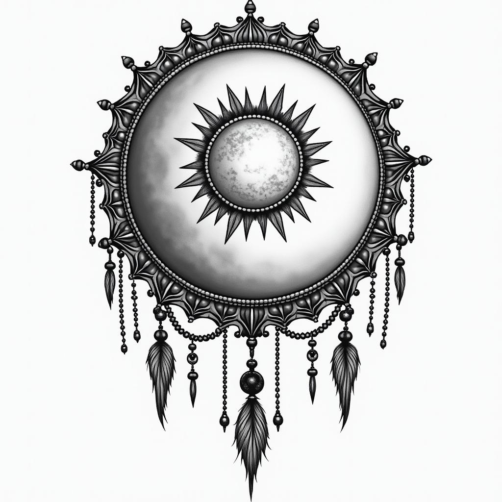 Moon and sun a space away from moon dream catcherin bohemian style tattoo, 8k