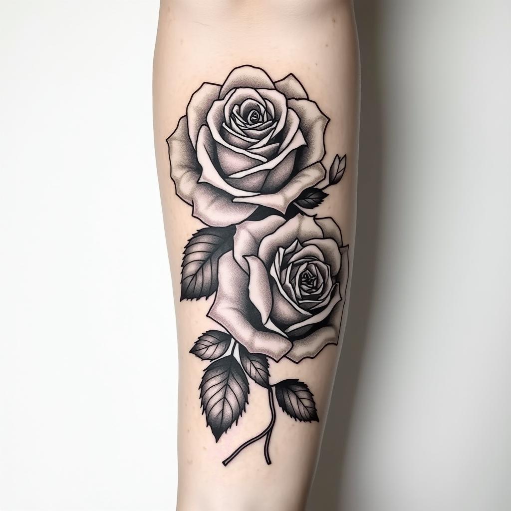 Two rose tattoos, forearm, fine line.higly detailed tattoo - Variation 2