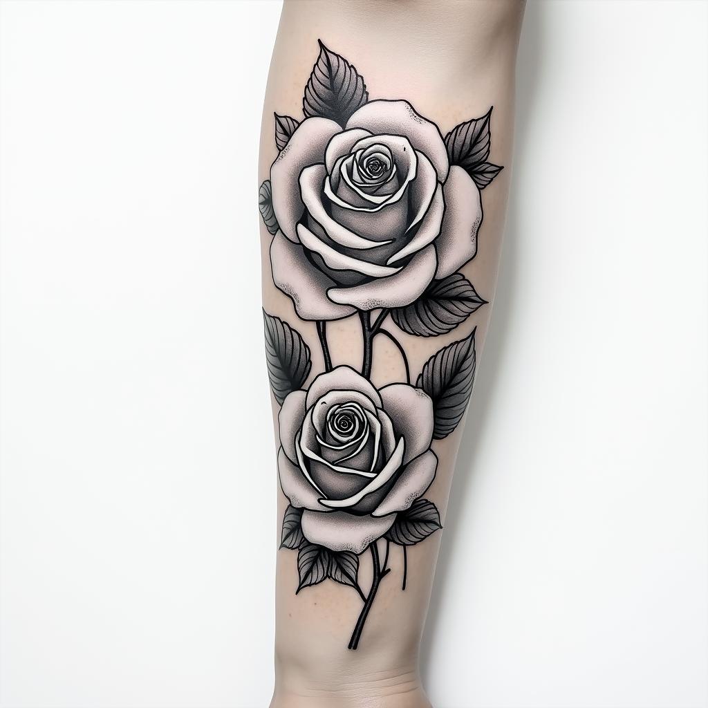 Two rose tattoos, forearm, fine line.higly detailed tattoo - Variation 3