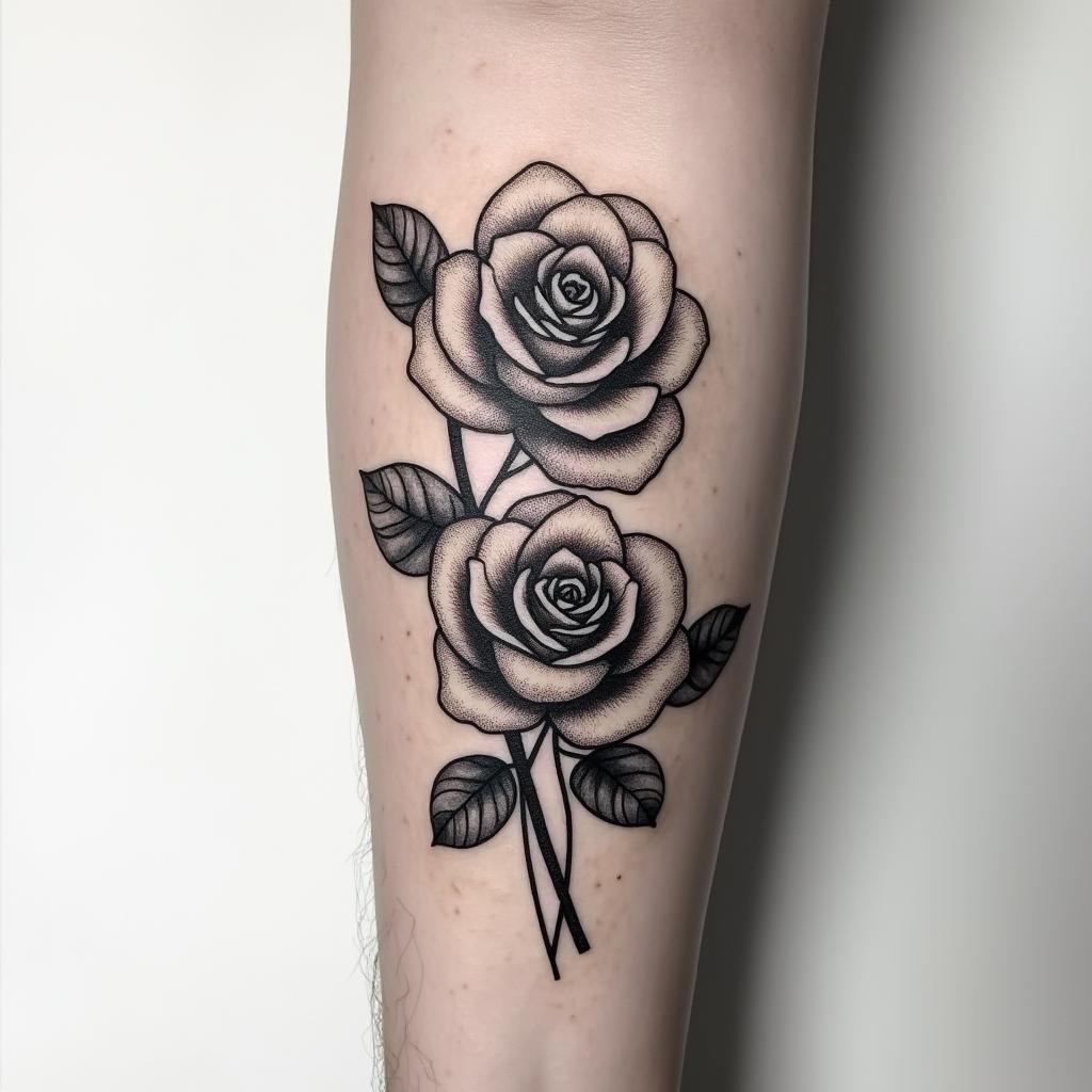 Two rose tattoos, forearm, fine line.higly detailed tattoo