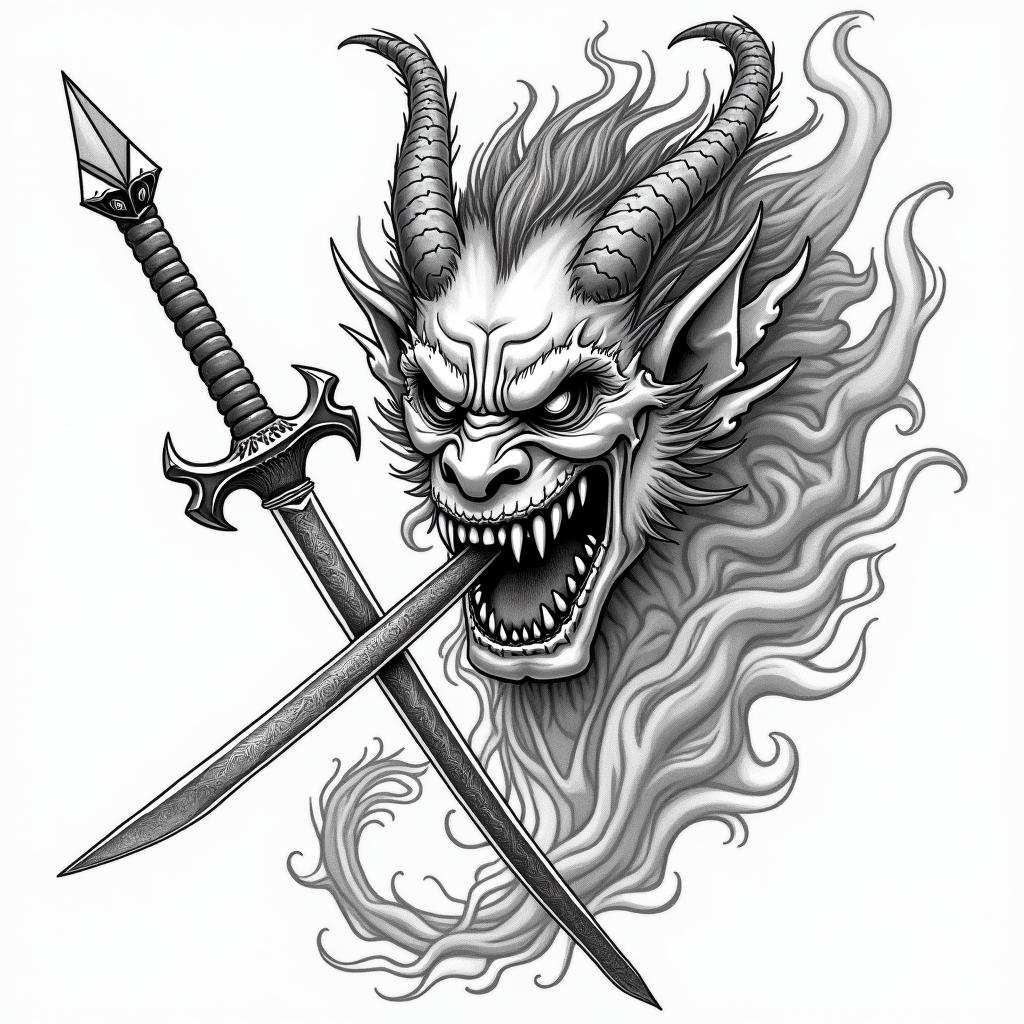 Demon licking a swordin japanese style tattoo, detailed tattoo, traditional japanese culture tattoo, mythology, 8k - Variation 4