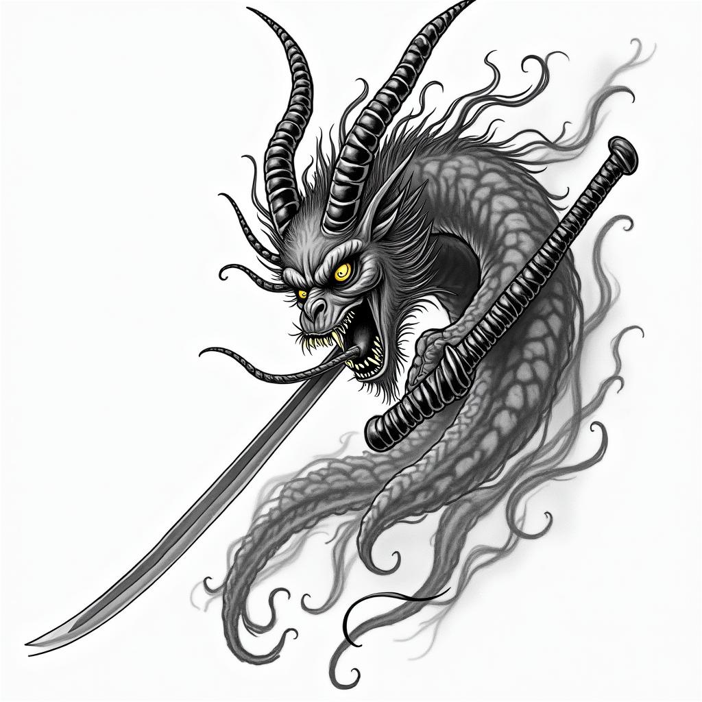 Demon licking a swordin japanese style tattoo, detailed tattoo, traditional japanese culture tattoo, mythology, 8k - Variation 3
