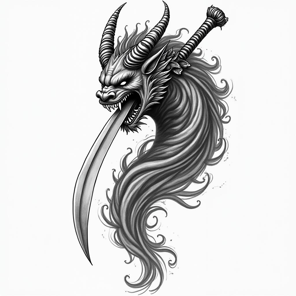 Demon licking a swordin japanese style tattoo, detailed tattoo, traditional japanese culture tattoo, mythology, 8k - Variation 2