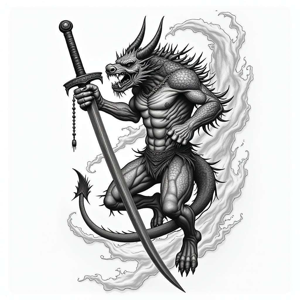 Demon licking a swordin japanese style tattoo, detailed tattoo, traditional japanese culture tattoo, mythology, 8k