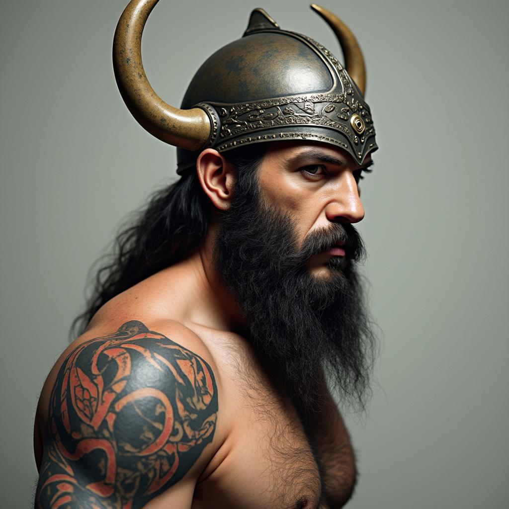 Fierce Viking with intricate helmet designin portrait tattoo style, featuring a highly realistic and detailed depiction
