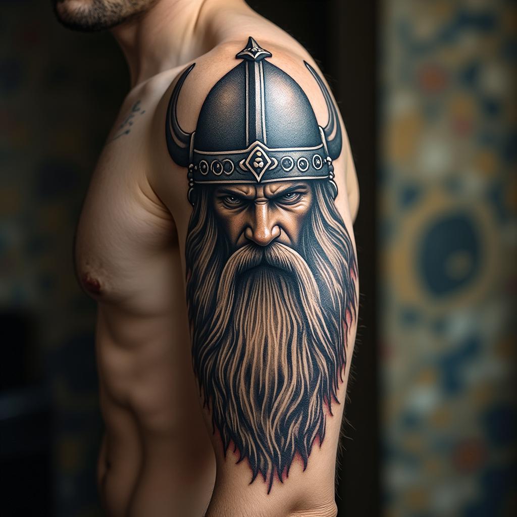 Fierce Viking with intricate helmet designin portrait tattoo style, featuring a highly realistic and detailed depiction  - Variation 2