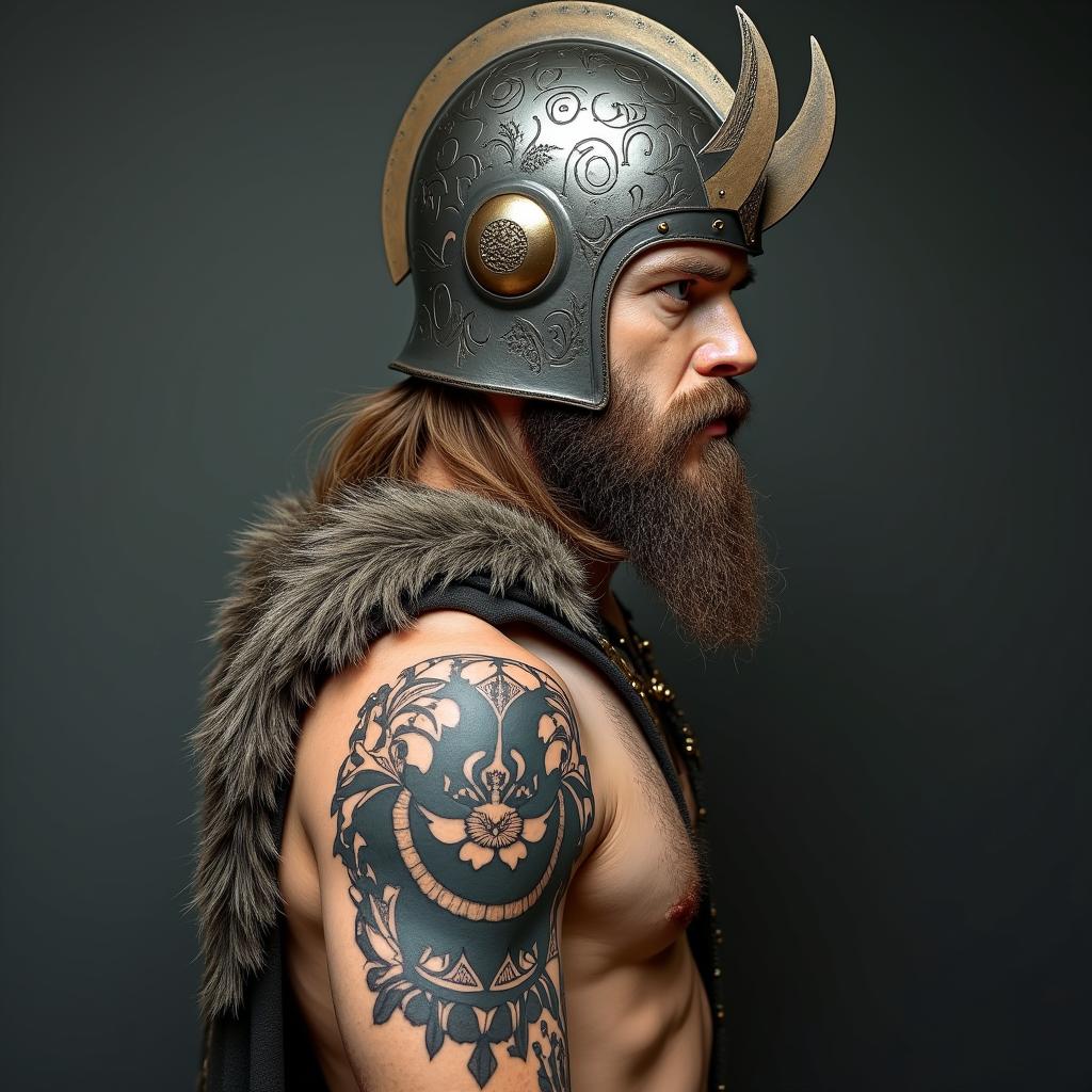Fierce Viking with intricate helmet designin portrait tattoo style, featuring a highly realistic and detailed depiction  - Variation 3