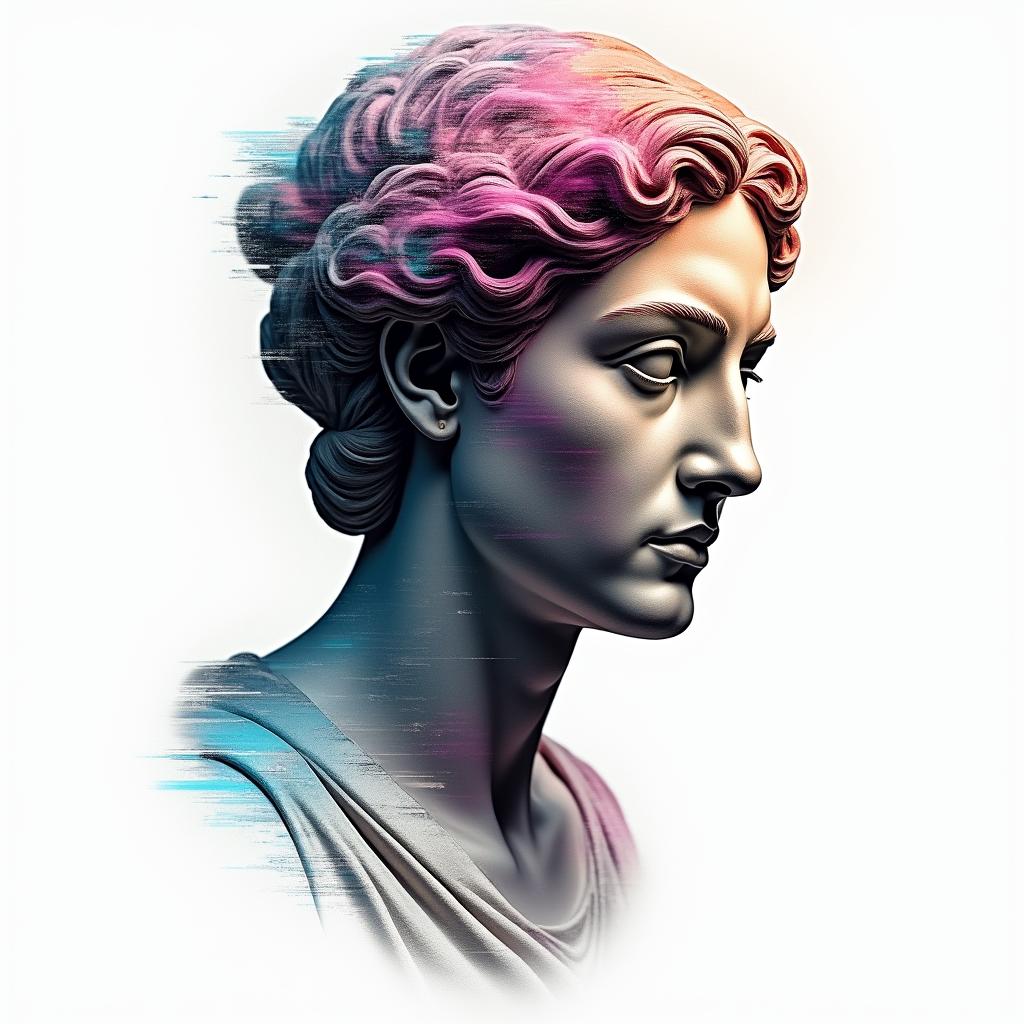 See no evil hear no evil speak no evilin distorted and fragmented tattoo design, featuring a classical statue bust, in a glitch art style with vibrant, overlapping colors of cyan, magenta, and yellow, creating a digital distortion effect - Variation 3