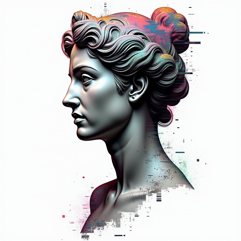 See no evil hear no evil speak no evilin distorted and fragmented tattoo design, featuring a classical statue bust, in a glitch art style with vibrant, overlapping colors of cyan, magenta, and yellow, creating a digital distortion effect - Variation 2