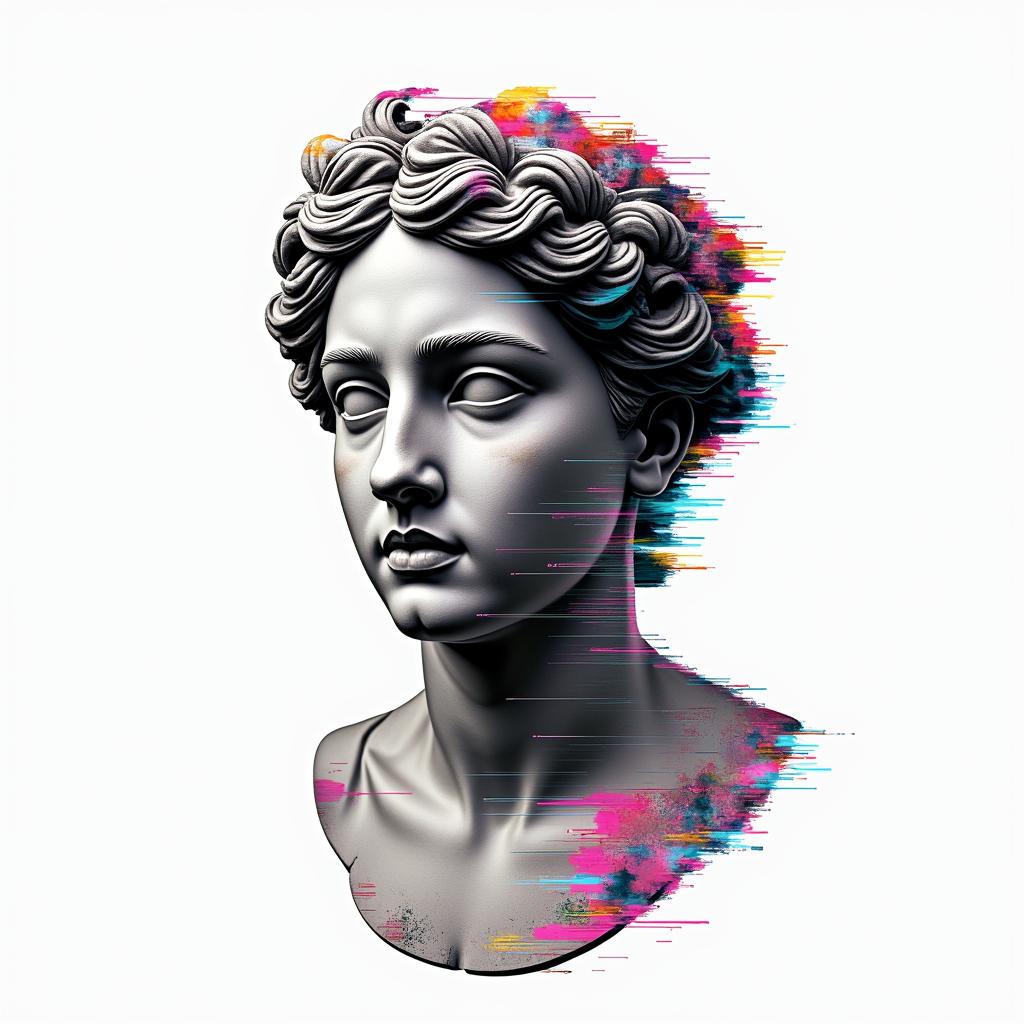See no evil hear no evil speak no evilin distorted and fragmented tattoo design, featuring a classical statue bust, in a glitch art style with vibrant, overlapping colors of cyan, magenta, and yellow, creating a digital distortion effect