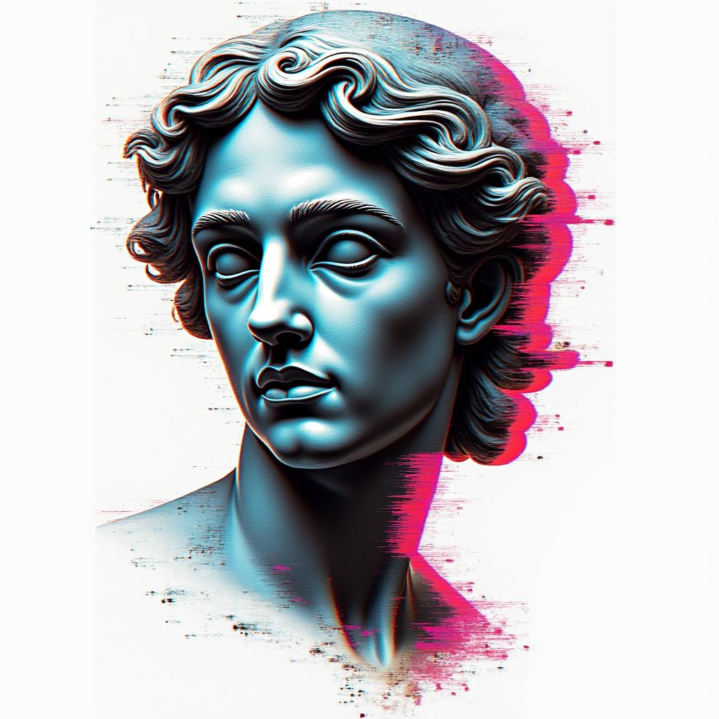 See no evil hear no evil speak no evilin distorted and fragmented tattoo design, featuring a classical statue bust, in a glitch art style with vibrant, overlapping colors of cyan, magenta, and yellow, creating a digital distortion effect - Variation 4