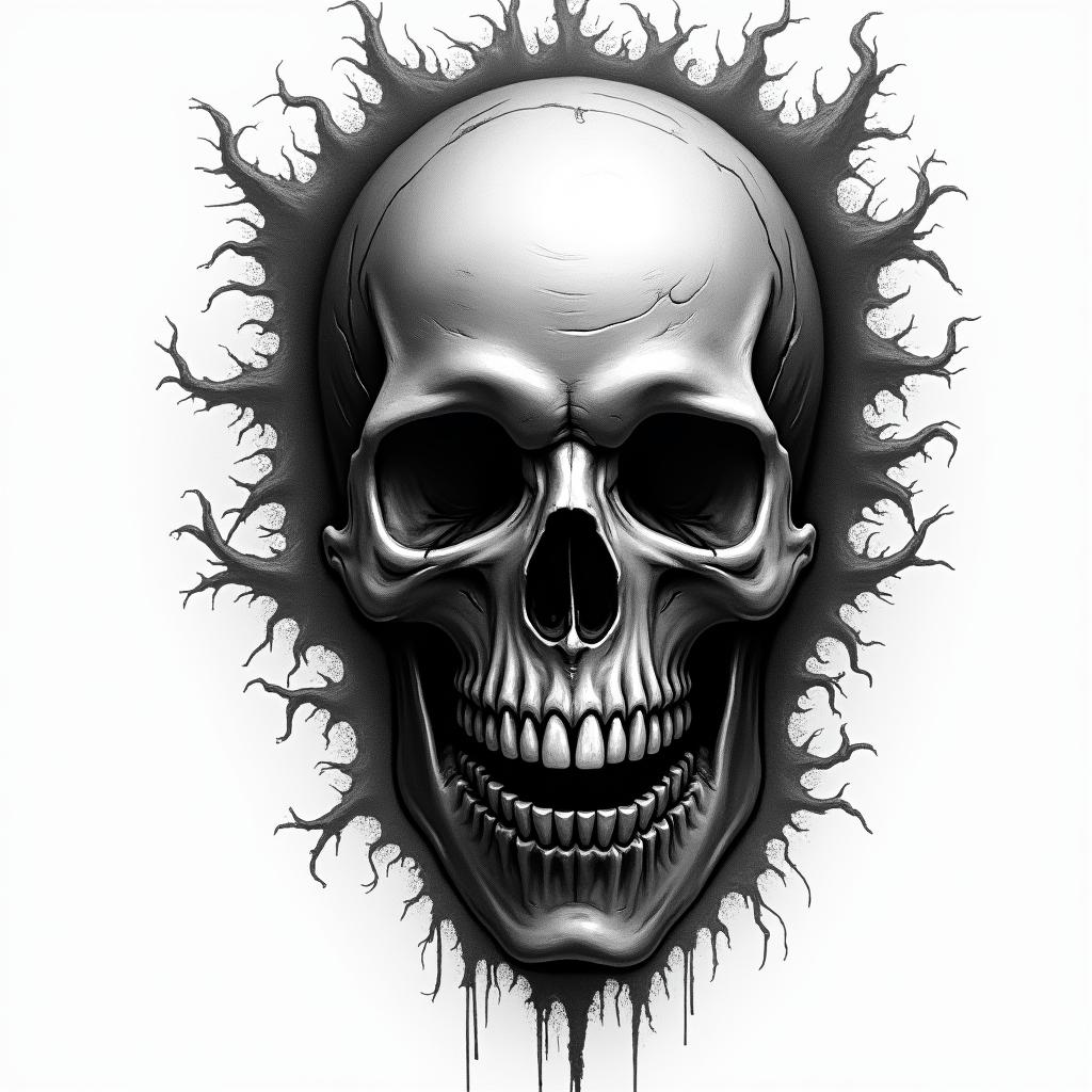 Tattoo horror movie inspired. in horror tattoo style, showcasing haunting and unsettling, dark and gritty textures with skulls, eerie faces, jgged designs, bold and intense shading - Variation 2
