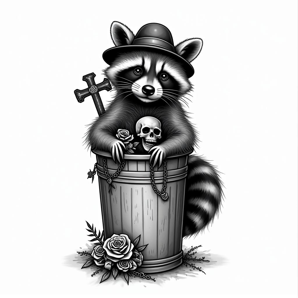 Raccoon with a hat in a garbage canin chicano style tattoo, featuring intricate black and grey shading, bold elements of traditional chicano culture symbols, add a big cross with skull, chains and roses - Variation 3