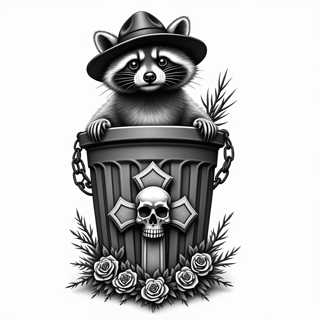 Raccoon with a hat in a garbage canin chicano style tattoo, featuring intricate black and grey shading, bold elements of traditional chicano culture symbols, add a big cross with skull, chains and roses - Variation 2