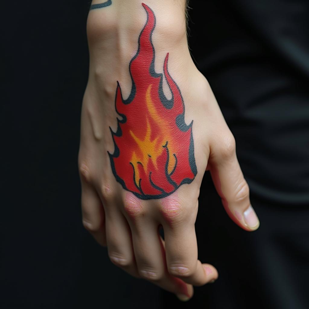 Flamesin authentic tattoo style, incorporating traditional modifications, bold black outlines, solid color fills, featuring classic authentic elements - Variation 1
