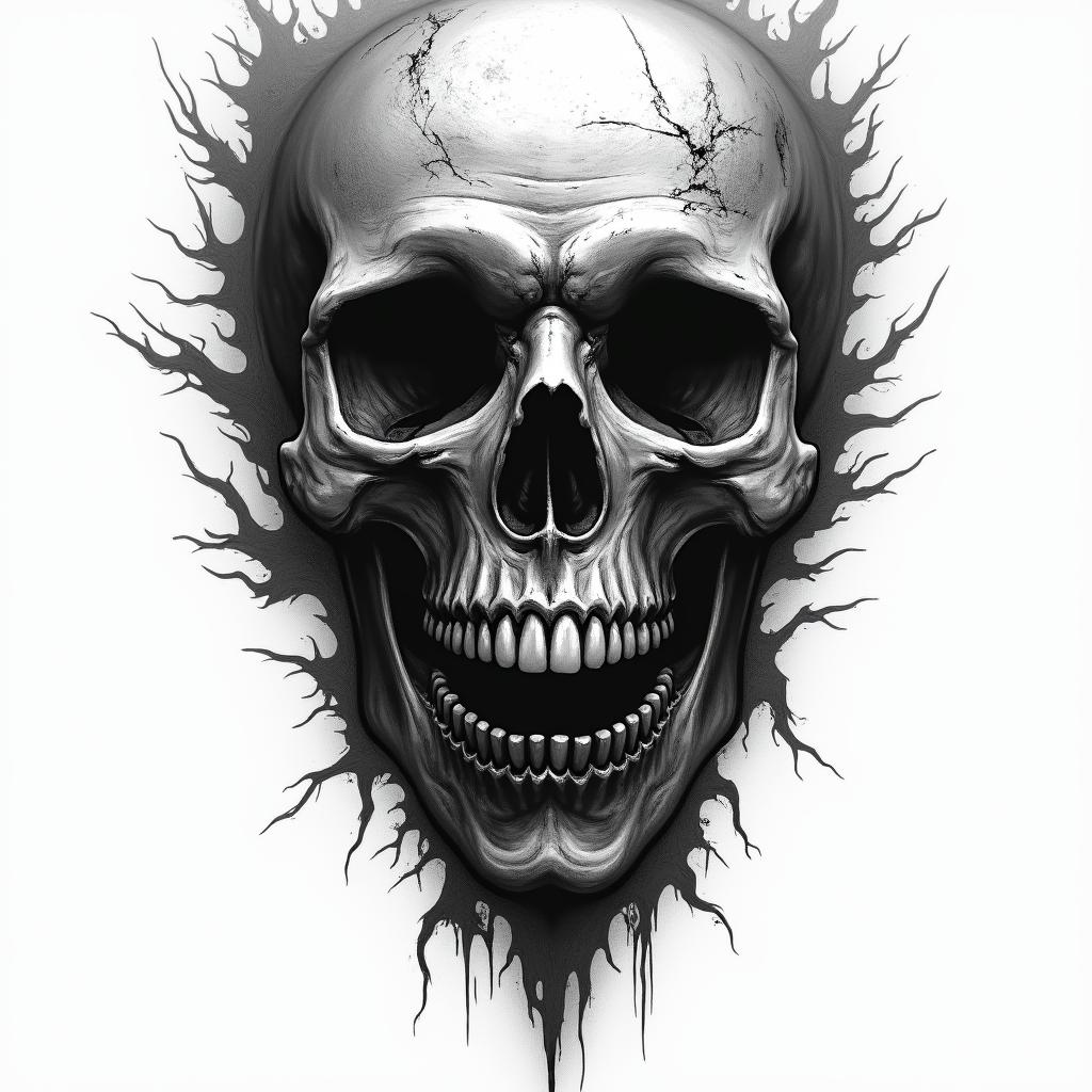 Tattoo horror movie inspired. in horror tattoo style, showcasing haunting and unsettling, dark and gritty textures with skulls, eerie faces, jgged designs, bold and intense shading