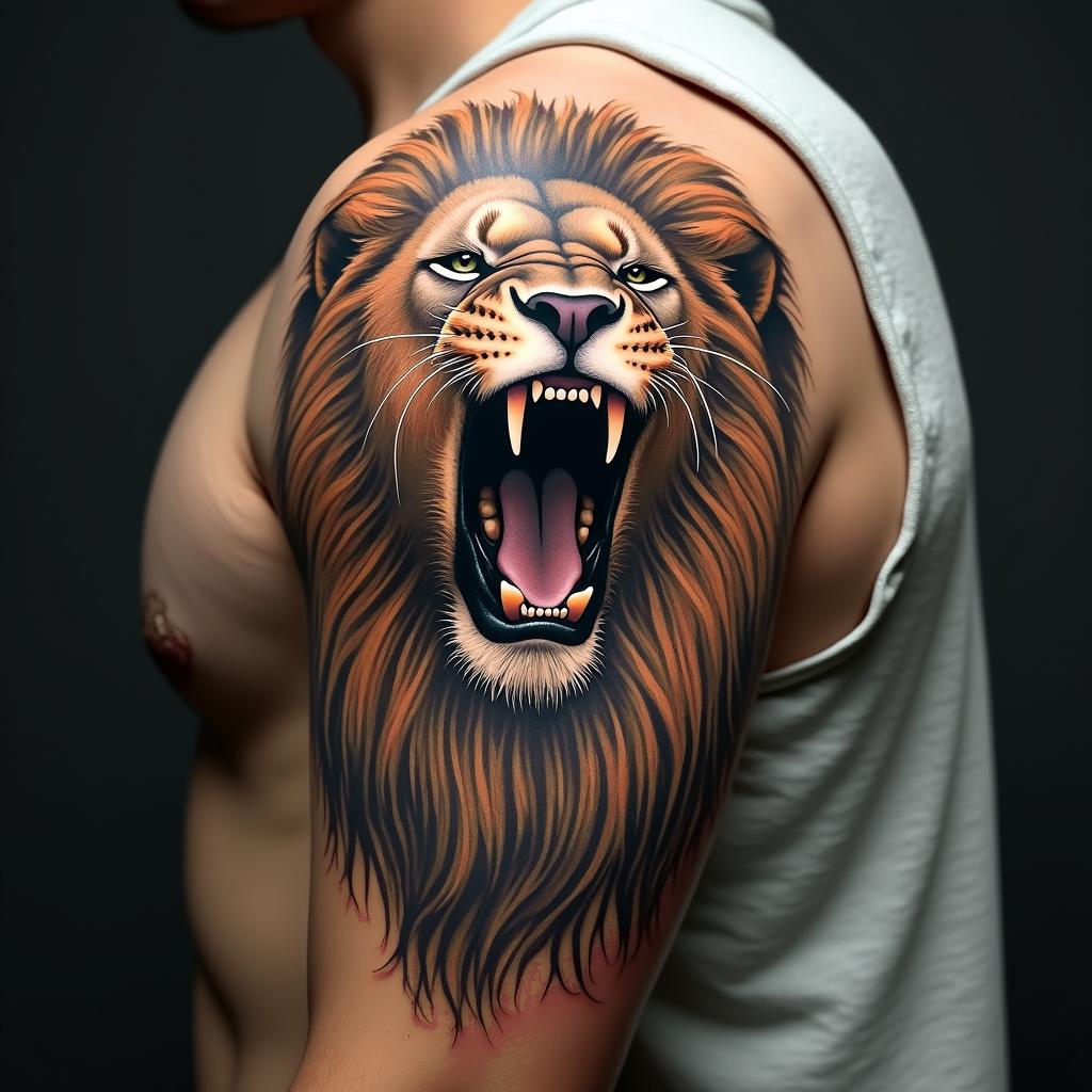Roaring lion with a flowing manein portrait tattoo style, featuring a highly realistic and detailed depiction - Variation 3