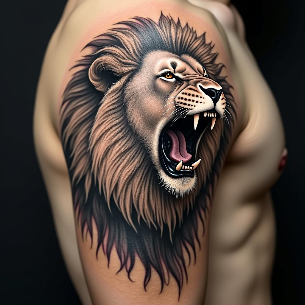Roaring lion with a flowing manein portrait tattoo style, featuring a highly realistic and detailed depiction - Variation 4